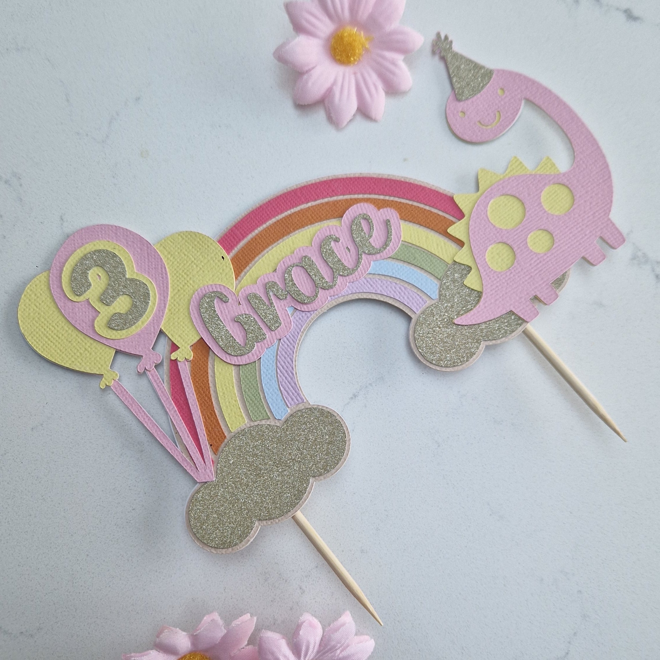 Personalised dinosaur rainbow cake topper - Kids birthday cake topper with name and age - Pastel cake decoration